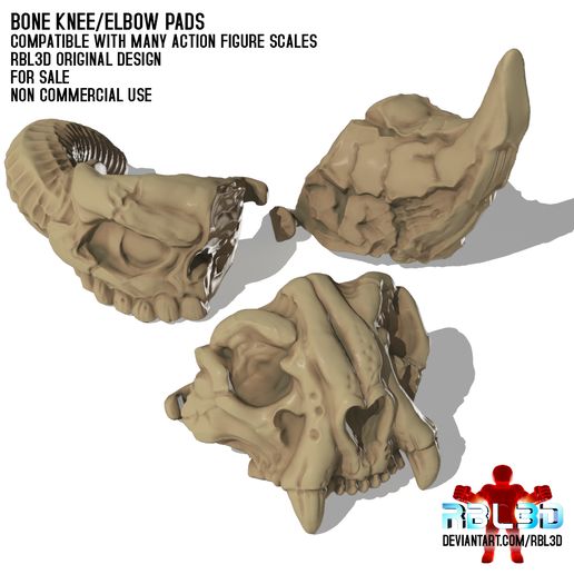 BONE KNEE/ELBOW PADS COMPATIBLE WITH MANY ACTION FIGURE SCALES RBL3D ORIGINAL DESIGN FOR SALE NON COMMERCIAL USE OBJ file Bone Knee/Elbow Pads pack 1 (Motu Compatible)・Design to download and 3D print, RBL3D