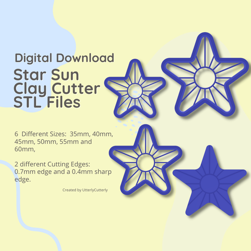 Star And Sun Embossed Clay Cutter - STL Digital File Download- 6 sizes and 2 Cutter Versions 3D model