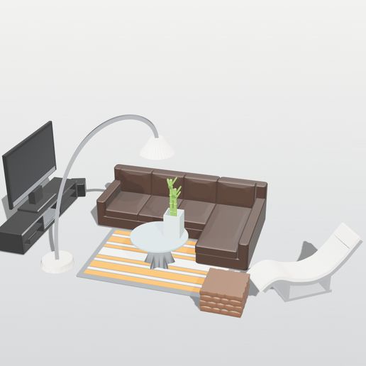 Y2K 2000s Living Room Set 1:12 – Leather Sectional, Wave Chaise, Plasma TV & Media Console, Arc Lamp, Lucky Bamboo
