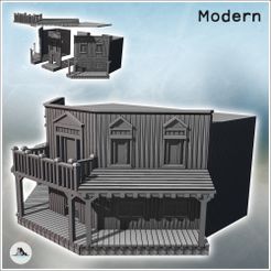 1-PREM.jpg Westliches Eckgebäude mit Terrasse und überdachtem Vordach auf einer Holzplattform (23) - Modern WW2 WW1 Weltkrieg Diaroma Wargaming RPG Mini Hobby