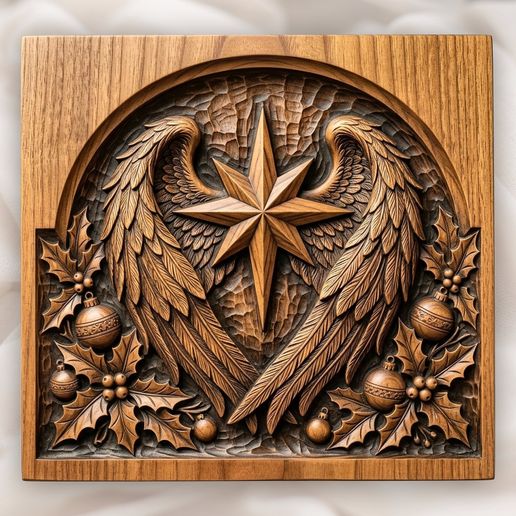Christmas Star Angel Wings Holly Panel CNC Relief STL