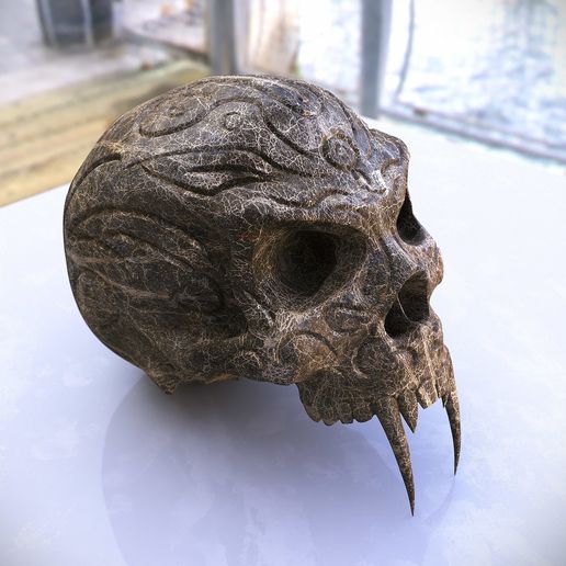 SkullRenderFinal.jpg Бесплатный STL файл Tribal Sabre Tooth Skull・Шаблон для 3D-печати для загрузки, Taran3D