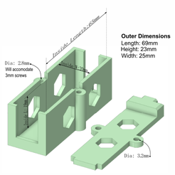 Outer Dimensions Length: 69mm Height: 23mm Width: 25mm Dia: 2.8mm Will accomodate 3mm screws “ Archivo 3D gratis Caja del convertidor de corriente DC-DC de 2 puertos USB・Plan de la impresora 3D para descargar, jessychacha