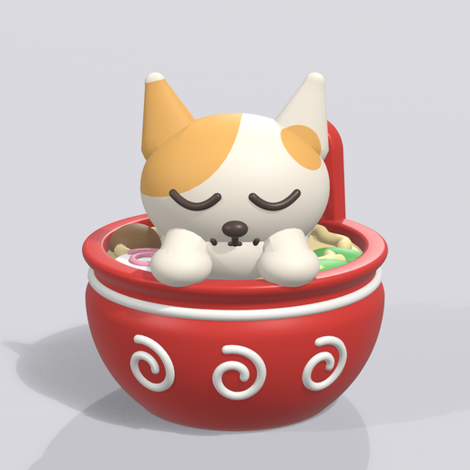 Mini Ramen Cat Keychain — Sleepy Cat in a Ramen Bowl (STL)