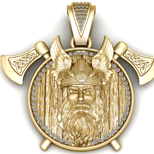 Luxury Viking Warrior Gold Pendant with Axe & Diamond Halo