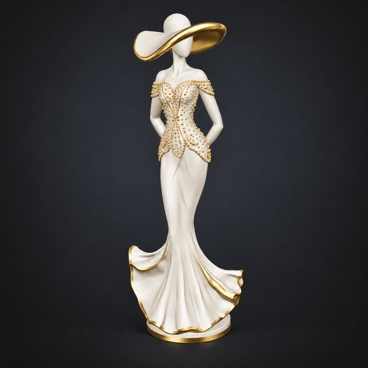 Elegant Woman in Evening Gown & Wide Hat – Luxury Fashion Sculpture – 3D Printable STL