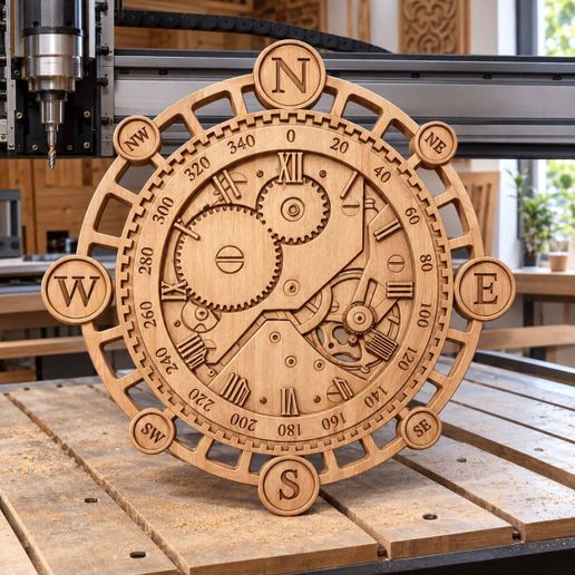 Steampunk Compass Wall Clock – CNC Wood Carving STL 3D Model