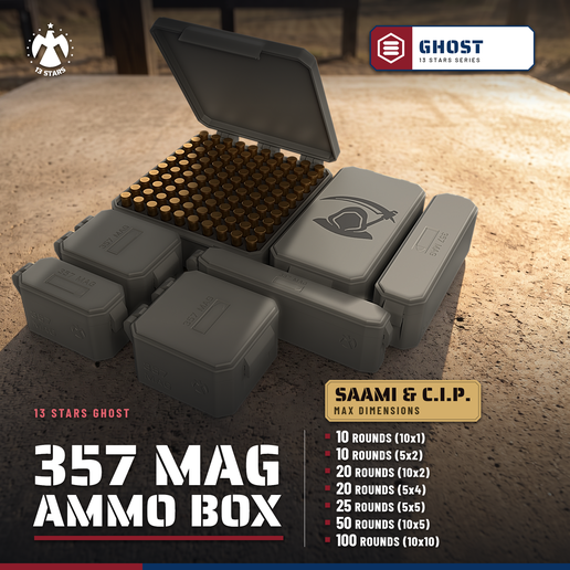 357 MAGNUM AMMO BOX GHOST HINGED LATCH LID STACKABLE AMMUNITION STORAGE 10/20/25/50/100 ROUNDS 357 MAG | 13 STARS