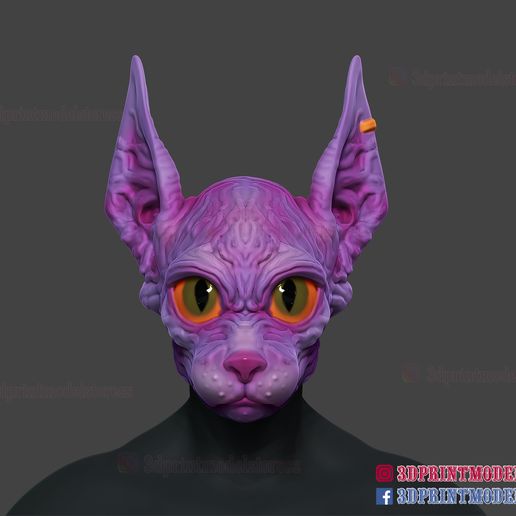 Sphynx_Cat_Mask_STL_3dprintmodel_01.jpg Download file Sphynx Cat Mask Halloween Cosplay Helmet for 3D Print • 3D printing design, 3DPrintModelStoreSS