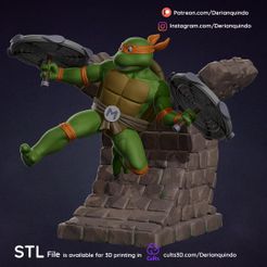 i) Patreon.com/Derianquindo Instagram.com/Derianquindo tes 7 3D printing in ST i aC Meee Nelle] miele Fichier 3D Michaelangelo / Fanart des Tortues Ninja Mutantes (Teenage Mutant Ninja Turtles)・Modèle imprimable en 3D à télécharger