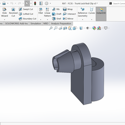 ZS SOLIDWORKS > f O-RB- a ~ -i-| @ & - RX7 - FC3S - Trunk Lock Rod Clip v3 * B® search Commands Qay @eeQ _ F x a QD Sf. swept Boss/base S DW Csverrct GB ee Dro ‘oe Ul Extruded Revolved & Lofted Boss/Base Extruded Hole RevoWed w Lofted Cut Fillet’ Linear Bw Draft a Intersect Reference Curves |Instant3D Boss/Base Boss/Base Cut Wizard Cut Pattern Geometry © Boundary Boss/Base . @ Boundary cut, |B shell HE Mirror . . rN Features | Sketch | Markup | Evaluate | MBD Dimensions | SOLIDWORKS Add-ins | Simulation | MBD | Analysis Preparation | oo_g~x PRAAQZE C-O- OR 2- S|E\| Ree v © @ RX - FC3S - Trunk Le A ACEC ® Sensors A] Annotations » Solid Bodies(1) 35% Material <not specifie (1) Front Plane (1 Top Plane (1) Right Plane { L, origin > Gl) Boss-Extrudet (1 Planet > Gl) Boss-Extrude2 > (@ cut-extrudet > Gl) Boss-Extrude3 Billet > Gl) Boss-Extruded : > Gl) Boss-Extrudes @ chamfert \ > () cut-Extrudez v < > Wla))l)) Model | 3D Views | MotionStudy1 | FC3S - Trunk Door Lock Rod Clip | Mazda RX7
