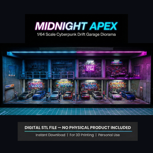 1/64 JDM Underground Garage Diorama "Midnight Apex" (STL + Printable Wall Textures)