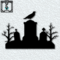 project_20230919_1344307-01.png realistic crow on tombstone in graveyard wall art raven in cemetery wall decor