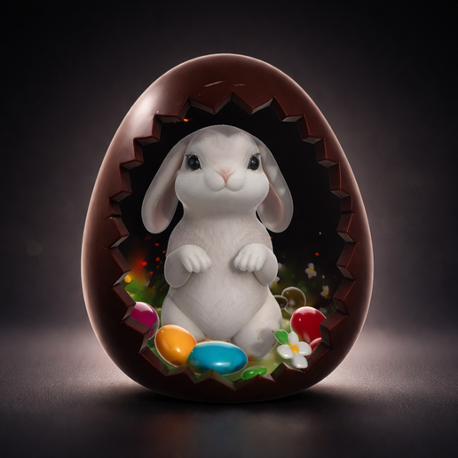 Cute Easter Bunny in Cracked Chocolate Egg – Adorable Spring Decor – Bunny Egg Figurine