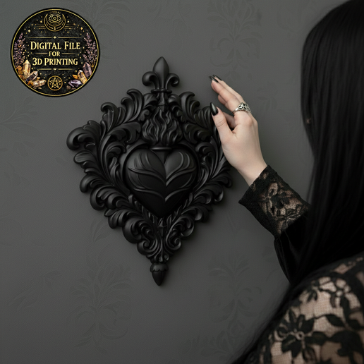 Gothic Sacred Heart Wall Plaque – Baroque Flame Heart STL File for 3D Printing