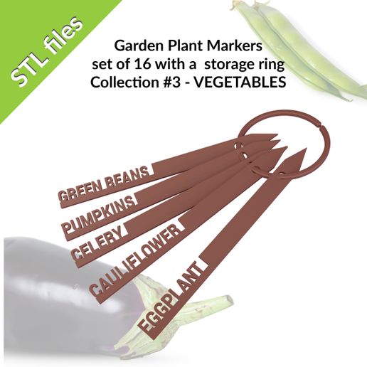 Garden plant markers, VEGETABLES, Set#3, garden labels, set of 16 with a storage ring
