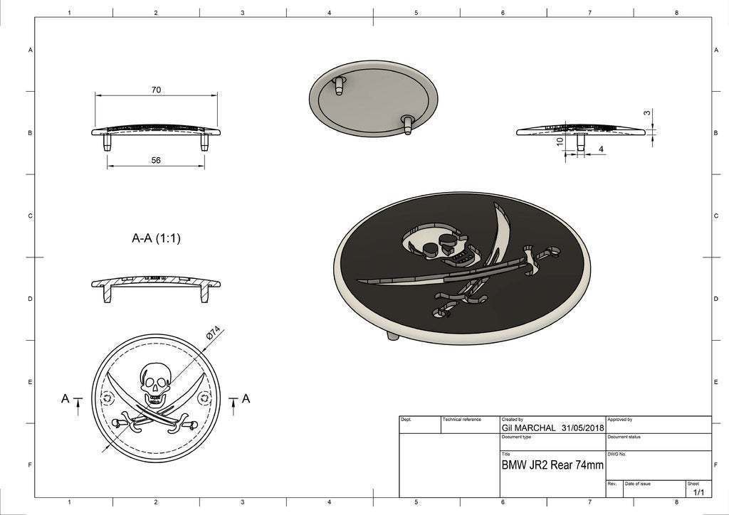 BMW_JR2_Rear_74mm_Drawing.jpg Download free STL file hood / trunk logo Jack Rackham 82mm / 74mm for BMW vehicles • 3D printing design, DaGoN