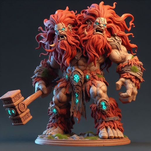 533 Two-Headed Roaring Norwegian Troll - 3D-Printed Ivory-Style Statue, fantasy, wood, base, sword, warrior, wild, low poly, dragon, dnd, cat, monster hunter, monster, dog, godzilla, fair, totem 3D model