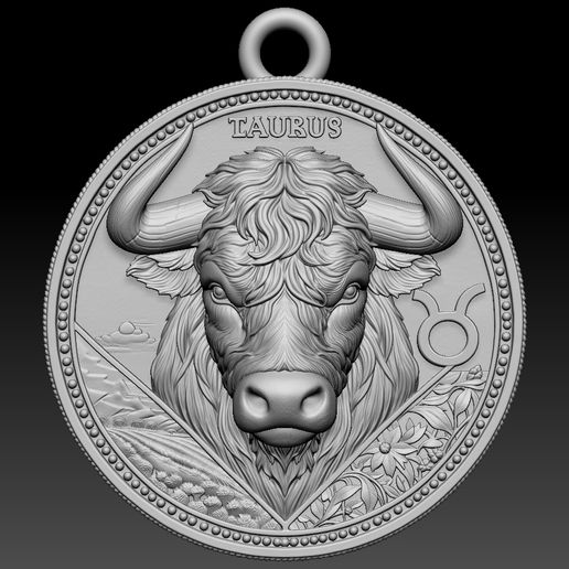 Taurus Bull Zodiac Medallion Pendant – Detailed Bull Head Coin, Zodiac Symbol & Ornamental 3D Printable STL