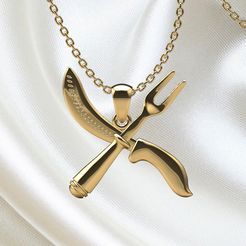 pendant-with-fork-and-Knife-Front-c.jpg STL-Datei Messer- und Gabel-Anhänger, 3D-Datei Charme・Design für 3D-Drucker zum herunterladen
