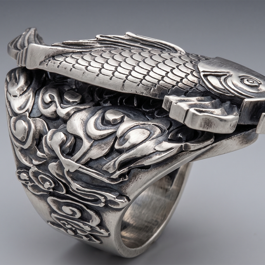 Swimming Koi Fish Top Bezel Signet Ring