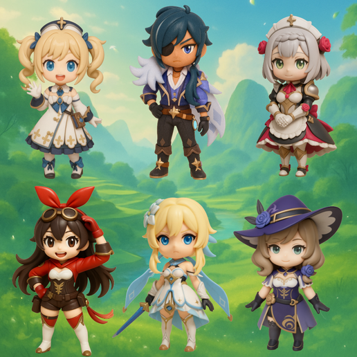 Genshin Impact - 6-Character Chibi STL Bundle (Lumine, Amber, Barbara, Lisa, Kaeya, Noelle) 3D model
