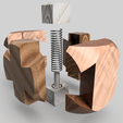 puzzle1.1-v2.png 6 piece puzzle of a cube. Once assembled, the assembly of the elements seems impossible, because the dovetails widen. The central piece is made up of 2 cubes and a spring whose action locks the puzzle in its final position.