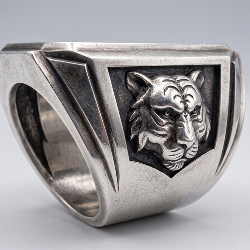 Tiger Head Relief Heavy Signet Ring