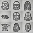 StarWars-Varios.jpg Star Wars Cookie Cutter Darth Vader, BB8, R2D2, Grogu, Mandalorian, Milleniun Falcon, Stormtropper OLD, Stormtropper NEW