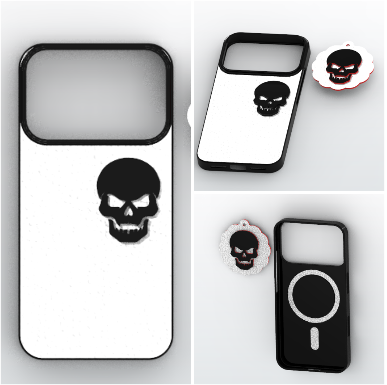 3D Printable Protective Phone Case with Magnetic Alignment Ring and Matching Skull Keychain Digital Files