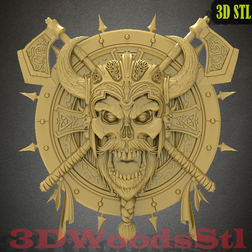 1.png Crâne celtique avec des haches sur un bouclier stl, modèle 3D stl relief décoration murale, CNC Router Engraver, Artcam, Aspire, CNC files