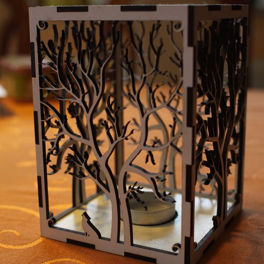 candle holder laser cut Tree & Animals wood present tea candle