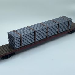 5846b465-ec18-4d69-a02e-dff779f97076.JPEG Free 3D file HO Scale 75ft Flatcar Freight Train car with a Pipe Load・3D print design to download