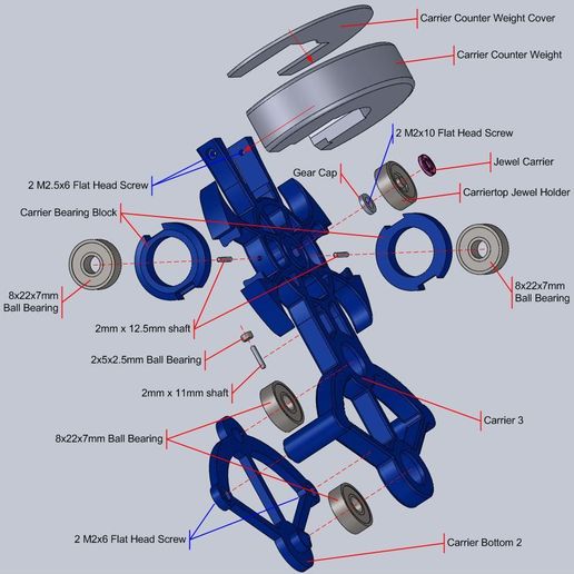 Carrier Assy Explode Annotated.JPG Free STL file Triaxial Motorized・3D printable design to download, mcmaven