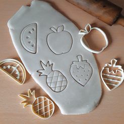WhatsApp-Image-2021-11-11-at-6.25.08-PM.jpeg STL file x4 pack fruit dough cutters cookies pineapple strawberry apple watermelon・3D printable model to download