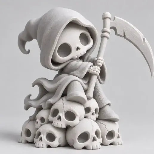 Chibi Grim Reaper on skulls