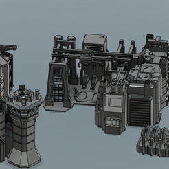Buildings.png Fichier 3D Battletech "Forward Base" Ensemble de terrain adapté aux hexagones (Structures et murs seulement)・Modèle à télécharger et à imprimer en 3D