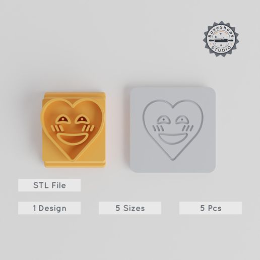 Shy Face Stamp Tile, Heart Emoji Design, 5-Piece Set, 20-40mm, Perfect for Clay, Cookies, Fondant & More - 3D model önizlemesi