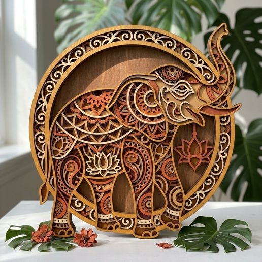 MD554 - Elephant Mandala SVG, Henna Boho Elephant Laser Cut File, 3D Layered Round Standing Decor, Glowforge CNC, Digital Download