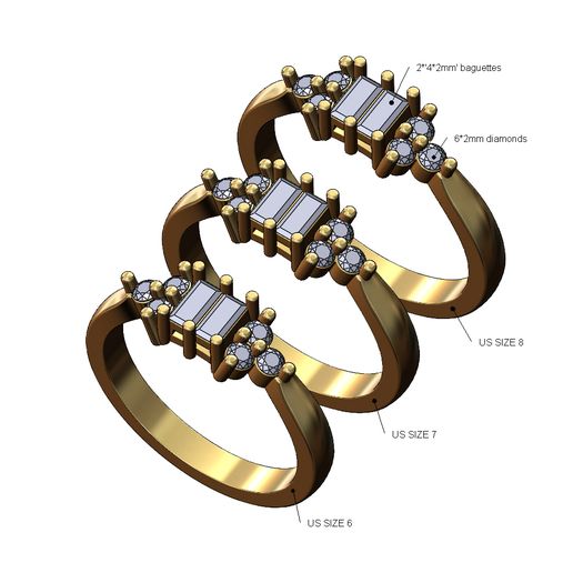 Diamond Baguettes cluster ring US sizes 6 7 8 3D print model 3D model