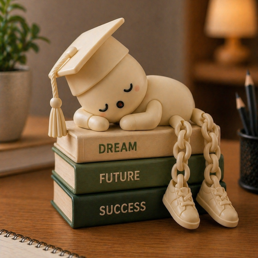 Cute Sleeping Graduation Figure STL – Kawaii Graduate with Chain Legs Dream Decor 3D model