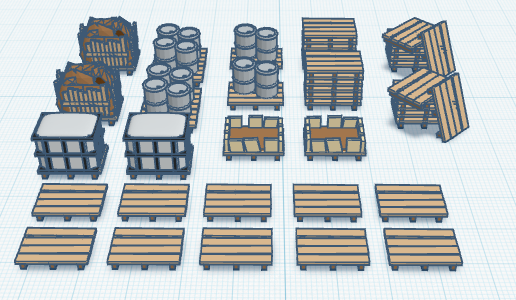 Various pallets with cargo and crates. Scale 1:87