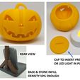 | aa 1 | ‘ Fa es ‘ 4 a REAR VIEW am: CAP TO INSERT PRESENT OR LED LIGHT IN PUMPKIN BASE & STONE INFILL DENSITY 10% ENOUGH Illuminated hanging Halloween pumpkin
