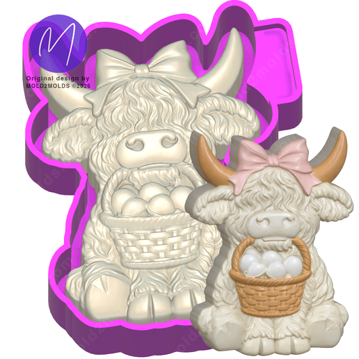 3D Highland Cow with Easter Basket Freshie STL Mold Housing