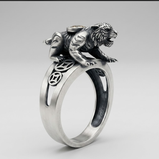 Prowling Tiger on Wealth Coins Heavy Signet Ring