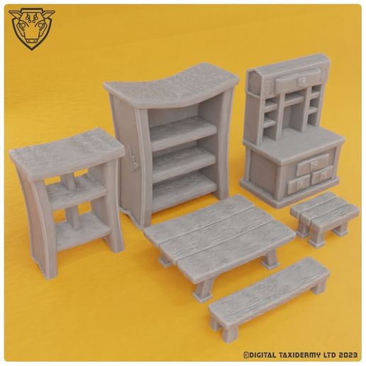 Stylised Medieval Village Furniture Scatter Pack STL - Tavern Dining & House Furnishings Bedroom Bed, Wardrobe, Desk & Tavern Benches