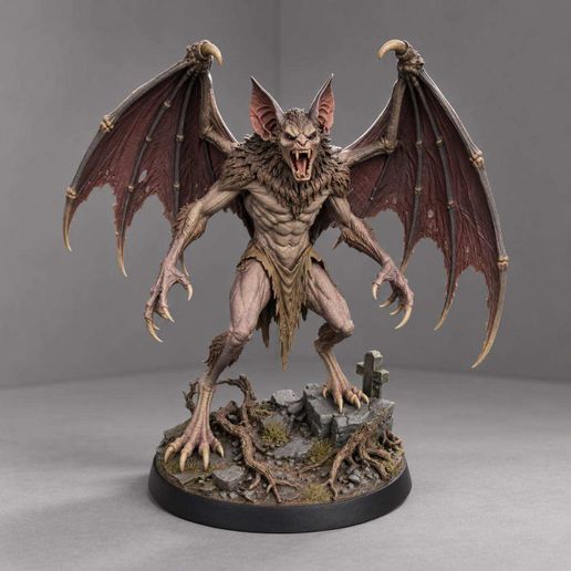 Gravewing Horror Winged Creature STL File, Fanged Monster Figure 3D Printable Model