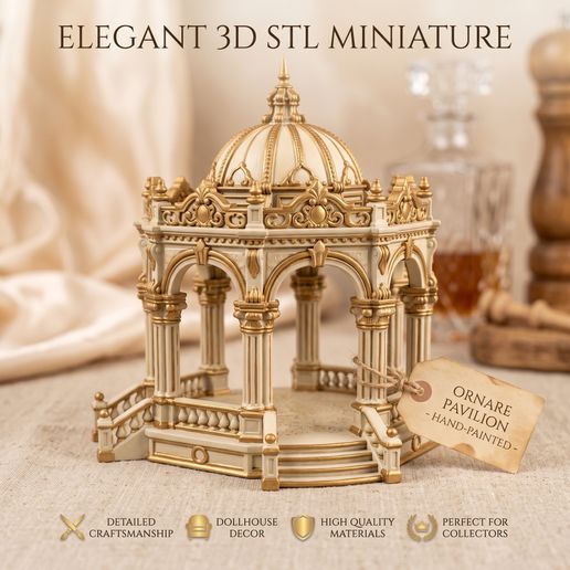 Baroque Domed Garden Pavilion STL - Ornate Rotunda Gazebo with Columns, Balustrade and Stairs - 1:12 Miniature Architecture 3D Print
