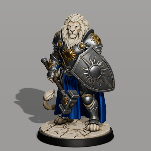 Leonin Paladin Miniature with hammer and Shield – Sun Gate Guardian – Fantasy RPG STL Model