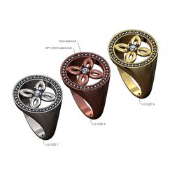 Diamond-Celtic-flower-Halo-Diamond-Round-signet-ring-size7-8-9-00.jpg STL file Diamond Celtic flower open top round signet ring US sizes 7 8 9 3D print model・3D printer design to download